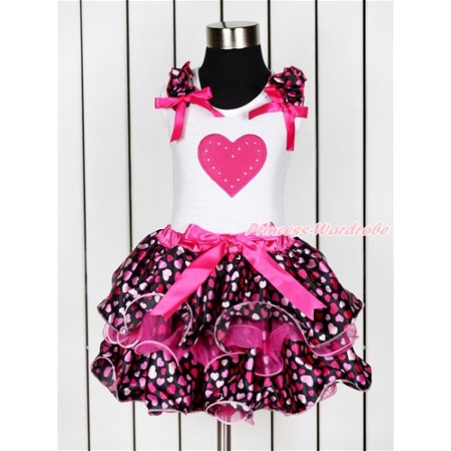 Valentine's Day White Baby Pettitop with Hot Light Pink Heart Ruffles & Hot Pink Bow & Hot Pink Heart Print with Hot Pink Bow Hot Pink Hot Light Pink Heart Petal Baby Pettiskirt NN158 